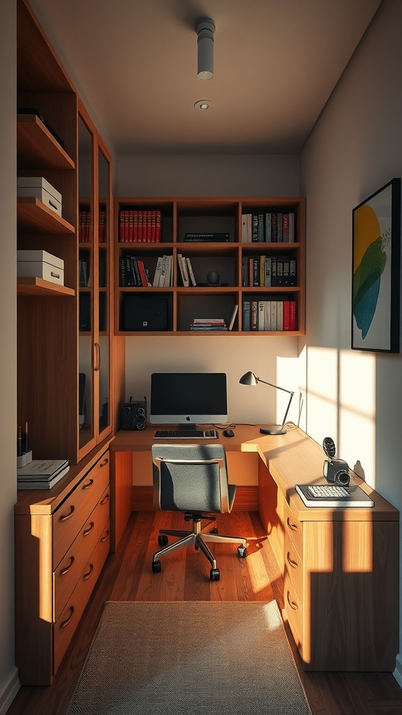 A cozy tiny home office with wooden furniture, built-in shelves, and a clean workspace.