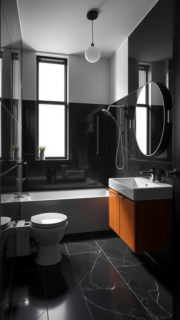 Modern luxury bathroom with high-contrast black and white color scheme featuring wooden accents