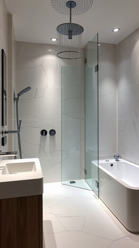 A modern luxury bathroom featuring a rainfall showerhead, sleek glass enclosure, and a stylish bathtub.