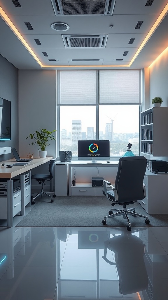 A modern high-tech home office featuring sleek furniture, a large window, and smart features.