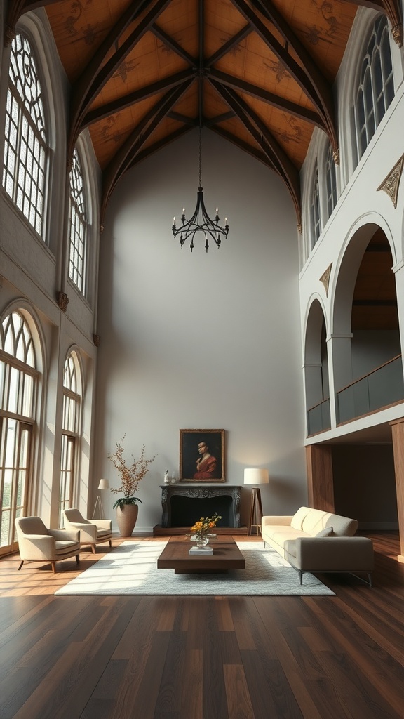 A spacious living room with high ceilings, wooden beams, and simple modern furnishings, showcasing a blend of Gothic and minimalistic styles.