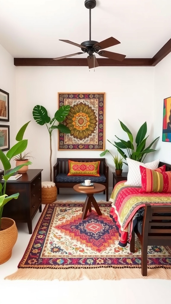 A Boho style bedroom featuring a colorful bedspread, patterned rug, and indoor plants.