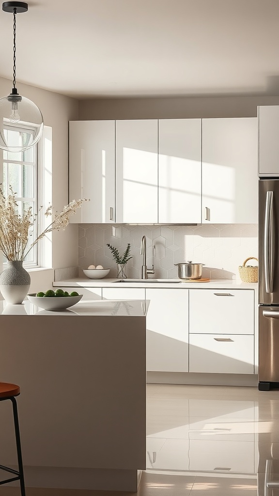 A modern kitchen with high gloss white cabinets and a bright, airy ambiance.