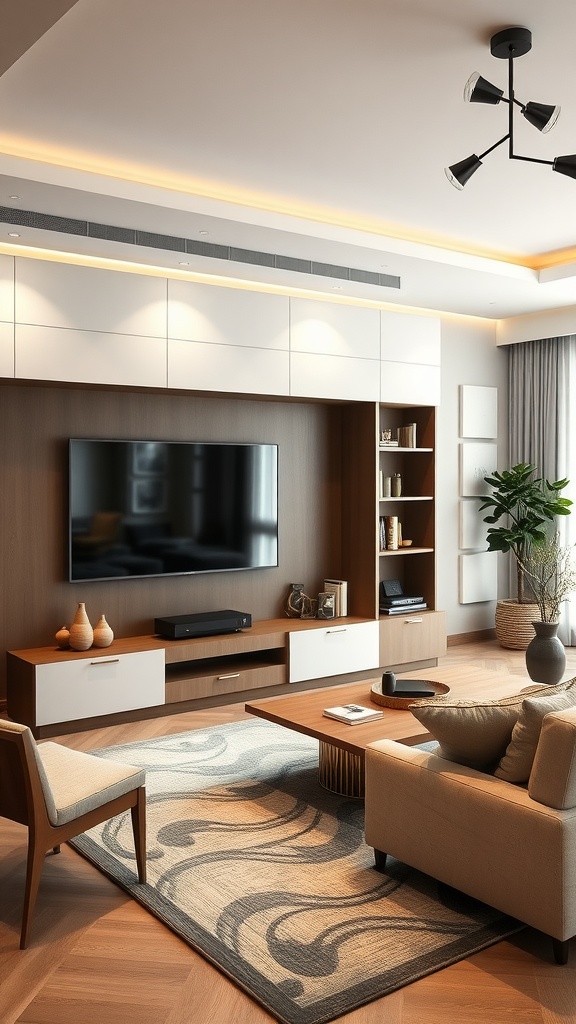 Modern entertainment center in a Living Room & Dining Room Combo with TV, media console, and decorative elements.