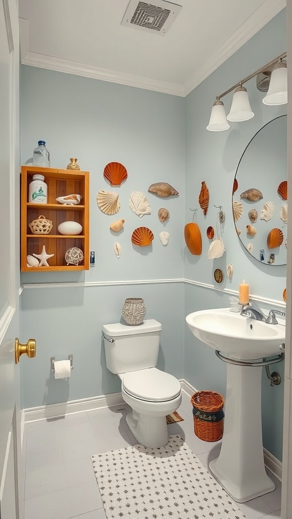 A boho bathroom featuring seashell decorations on light blue walls, a wooden shelf with decorative items, and a circular mirror.