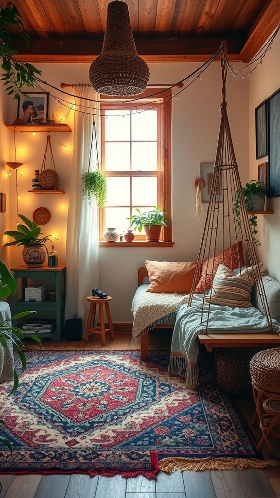 A cozy boho-themed bedroom corner with plants, fairy lights, and a macramé chair.