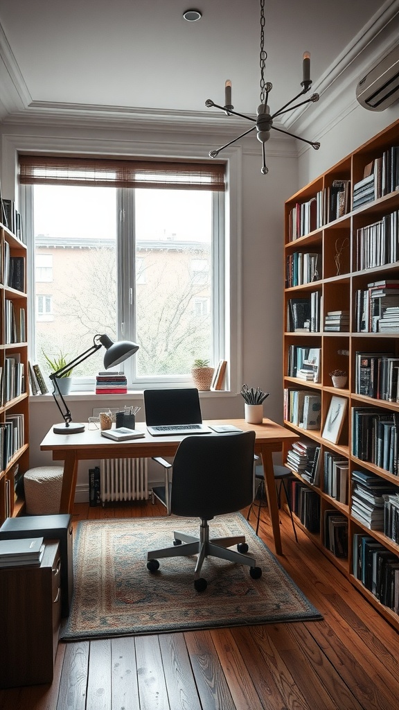 Cozy home office with a library, featuring a wooden desk, bookshelves filled with books, and natural light from a window.