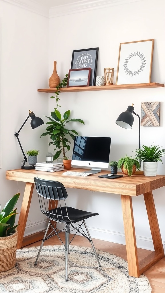 Stylish home office setup with a DIY desk, computer, plants, and decorative items