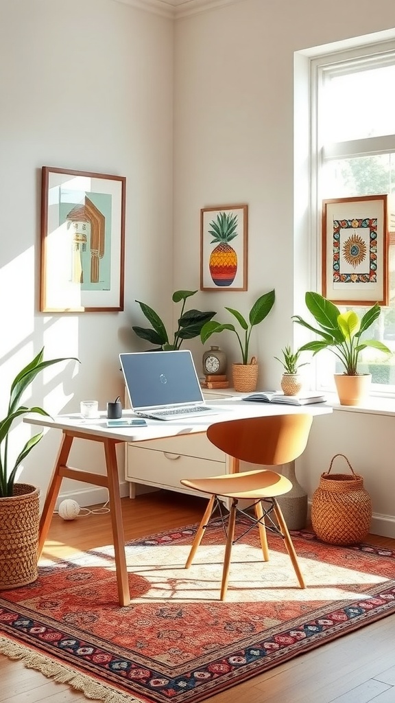 Stylish home office with global decor, featuring a desk, modern chair, laptop, plants, and colorful artwork.