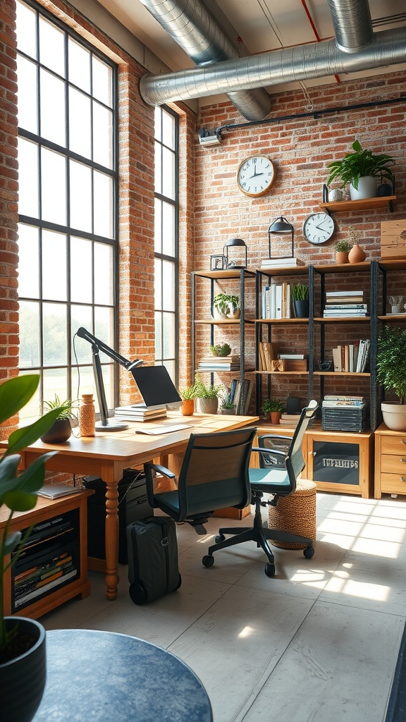 A stylish home office with industrial accents, featuring a wooden desk, exposed brick wall, and large windows.