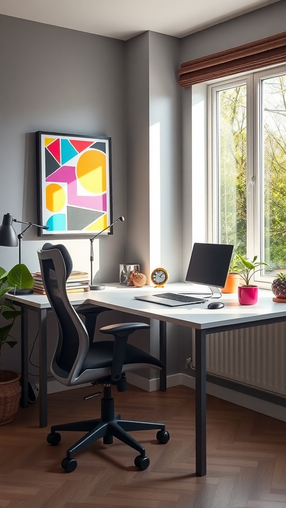 A modern home office featuring a desk, ergonomic chair, colorful wall art, and bright natural light.