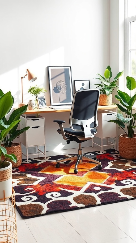 Stylish home office setup featuring a statement rug, desk, and plants, with a cozy atmosphere.