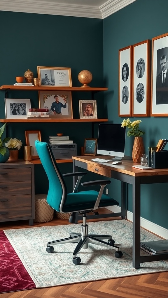 Stylish home office with teal walls, a sleek desk, and velvet accents.