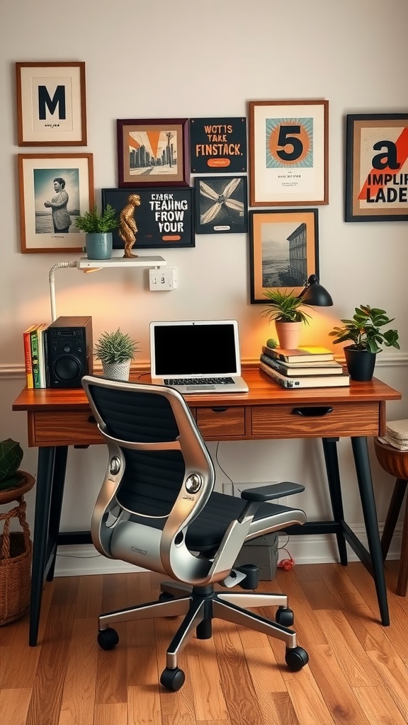 A vintage desk setup with framed art on the wall, a laptop, and potted plants.