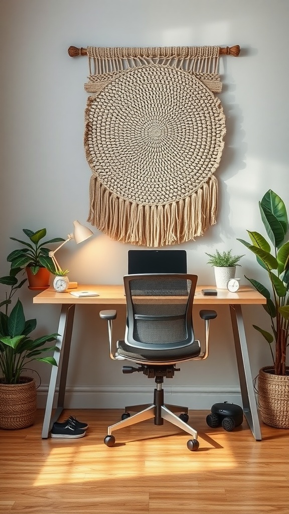 Home office with a woven wall hanging, desk, chair, and plants