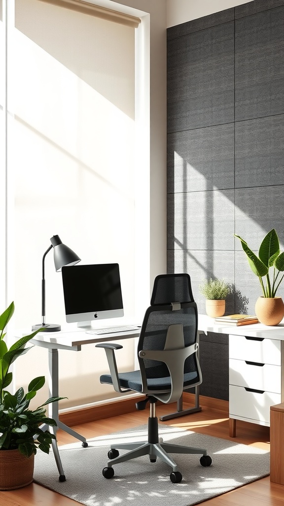 A modern home office with a desk, chair, computer, and plants, featuring acoustic panels