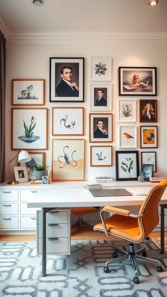 Home office with art gallery wall featuring various framed artworks and a stylish desk setup.