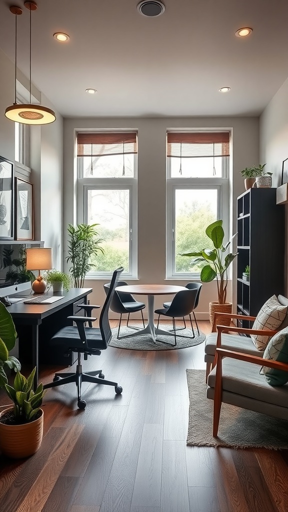 A home office layout featuring a desk, conference area with round table, and plants