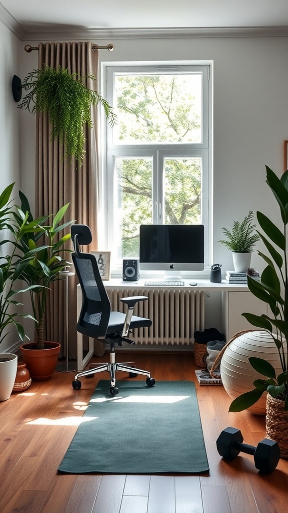 A cozy home office featuring a desk, chair, plants, and a fitness area with a dumbbell and exercise mat.