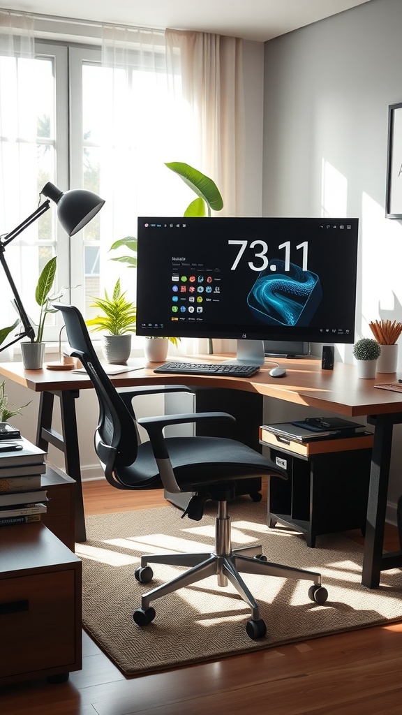 A modern home office setup with an interactive display, ergonomic chair, and indoor plants, featuring natural light from large windows.