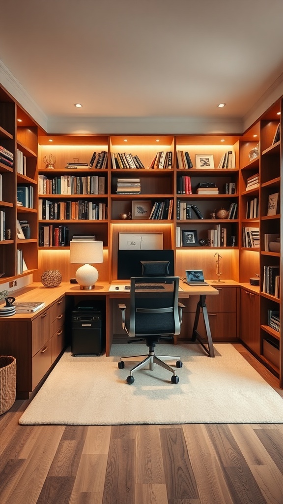 A cozy home office with wooden shelves filled with books, a desk, and a comfortable chair.