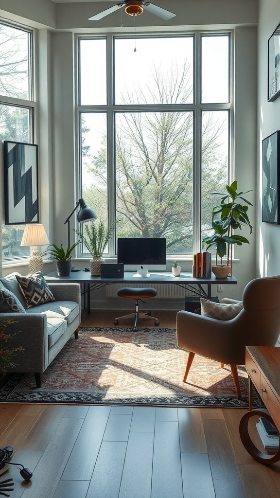 A home office featuring a desk, computer, and a cozy lounge space with a sofa, large windows, and plants.