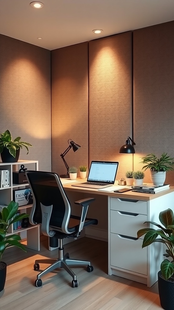 A stylish home office featuring soundproof walls, warm lighting, and a neatly organized desk with plants.