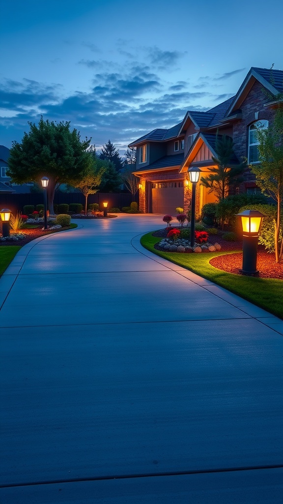 A beautifully lit driveway at dusk with solar uplights enhancing the landscape.
