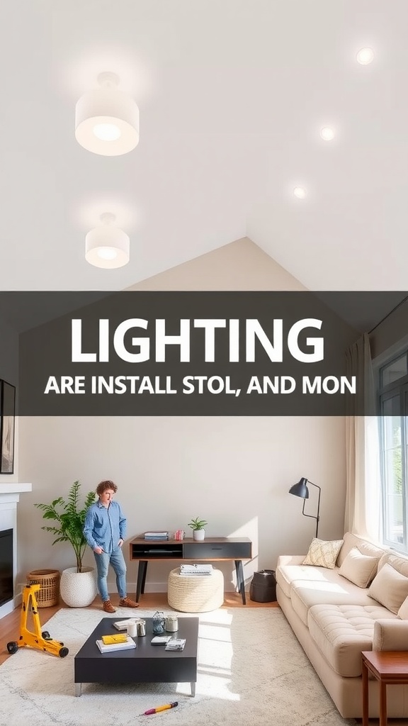 A bright living room with recessed lighting and a sloped ceiling.