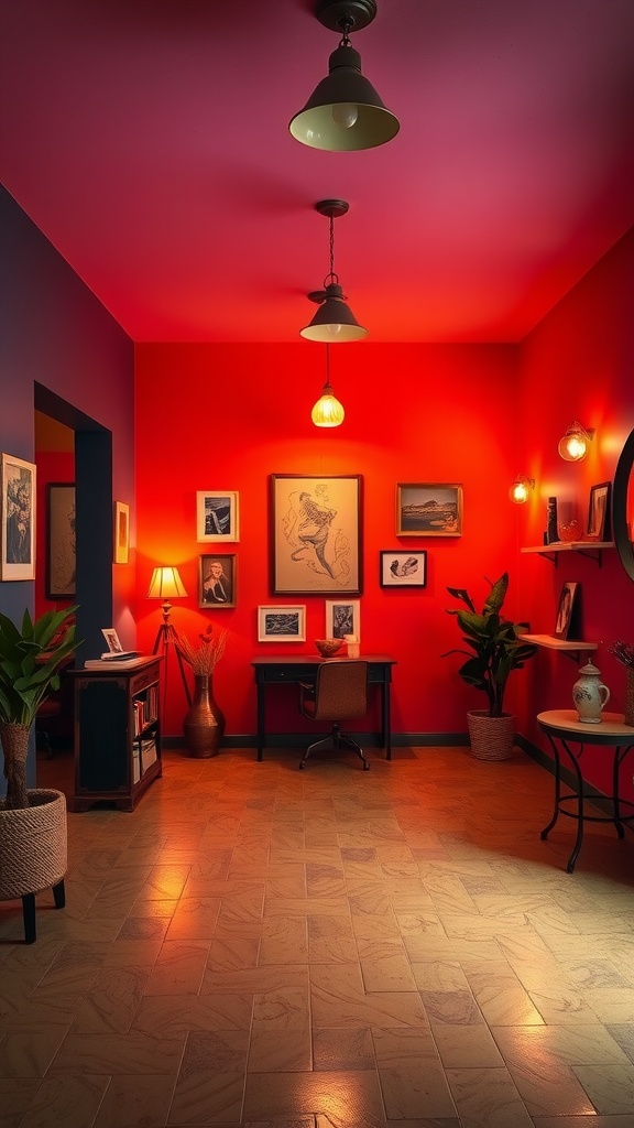 A brightly colored room with red walls and a pink ceiling, showcasing a desk and plants.