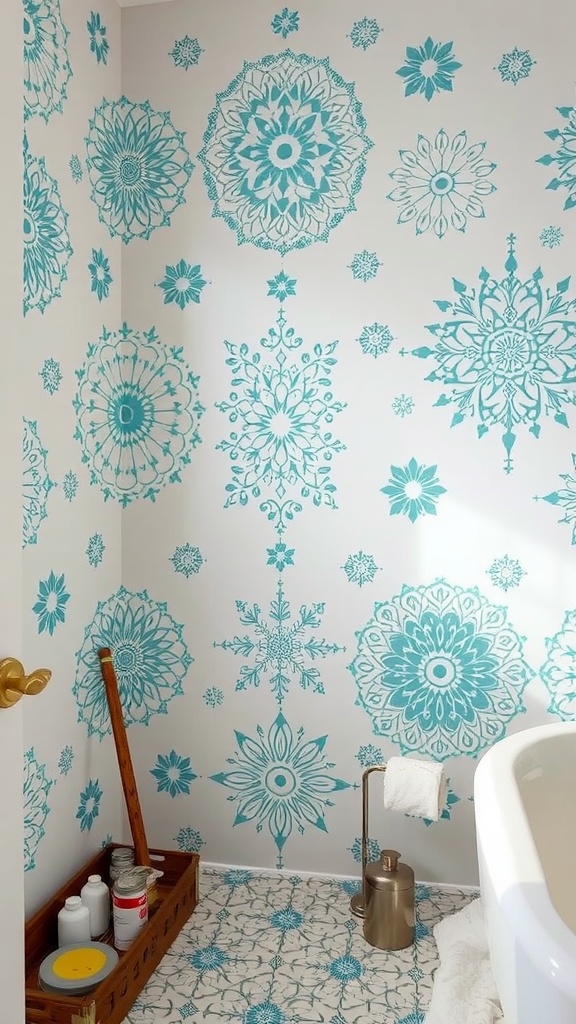 A stenciled bathroom wall with intricate designs, showcasing clean lines and organized supplies.