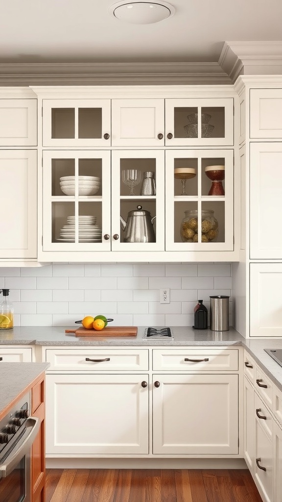 Stylish hutch style kitchen cabinets with glass doors showcasing dishware and decorative items