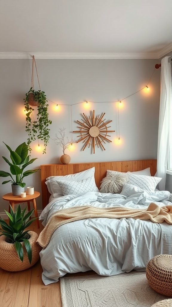 Cozy Scandi Boho bedroom with soft bedding, plants, and warm lighting.