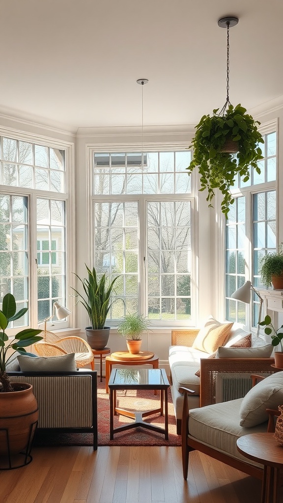 A bright living room with large windows letting in natural light, featuring plants and cozy furnishings.