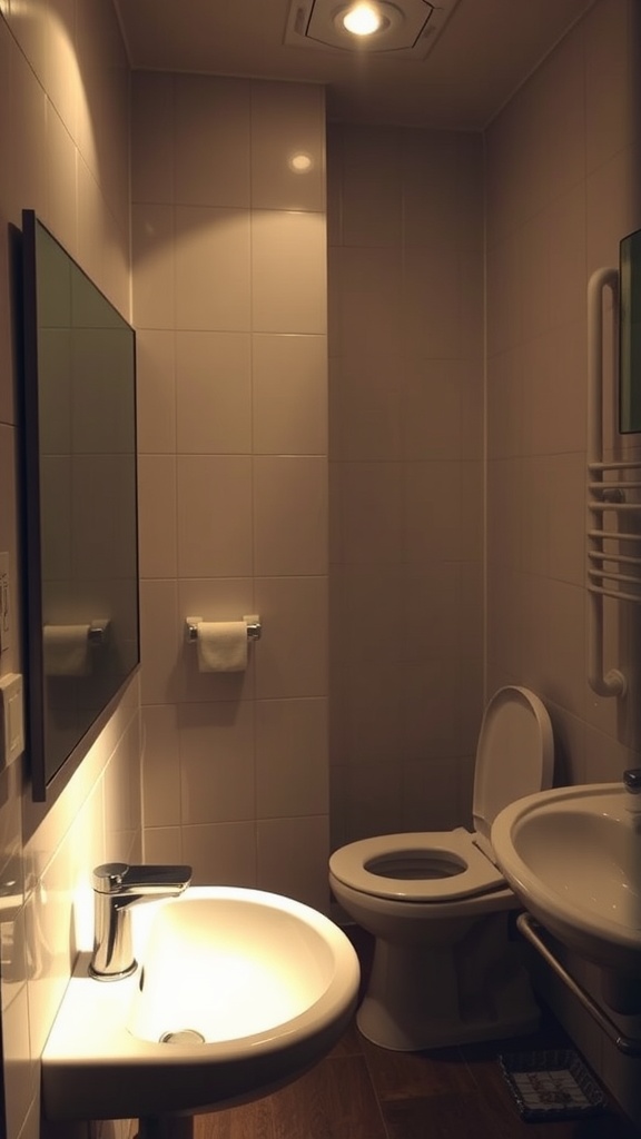 A dimly lit small bathroom showing a sink, toilet, and mirror.