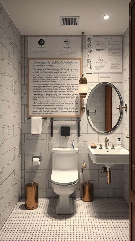 A modern bathroom featuring a toilet, sink, and circular mirror, designed with attention to scale and proportions.