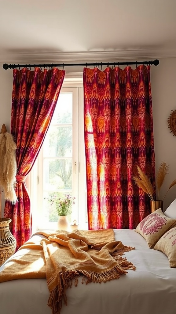 A bright and colorful ikat pattern curtain in a boho themed bedroom with warm tones.