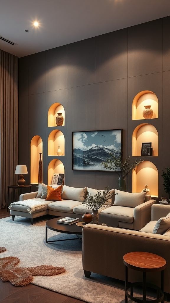 A modern living room featuring illuminated art niches with various decorative items.