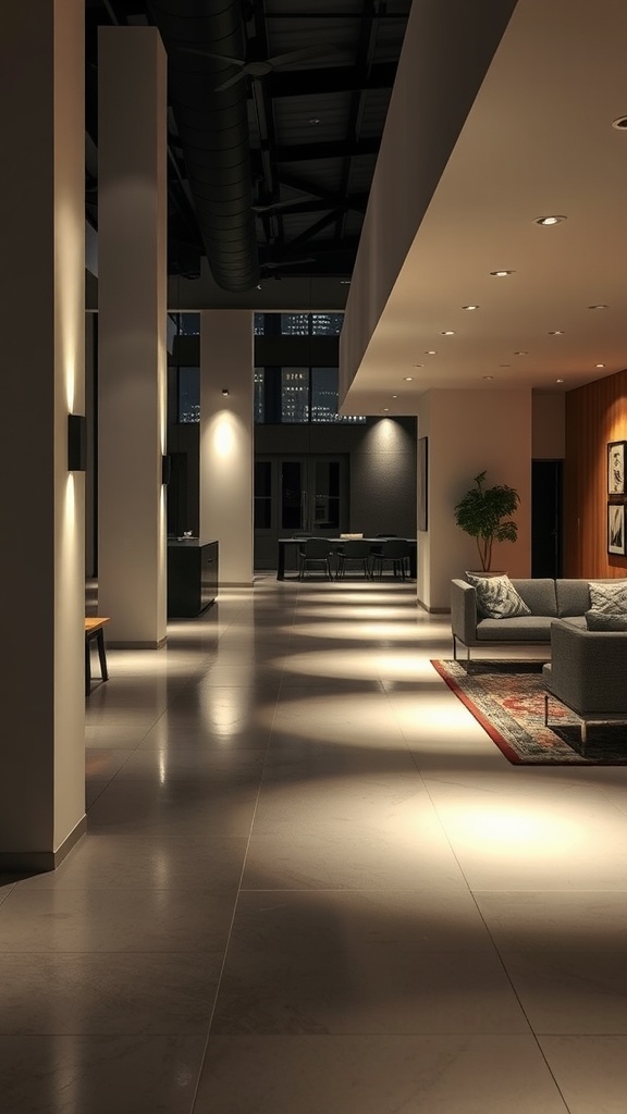 Modern open living space with strategically placed lighting illuminating pathways