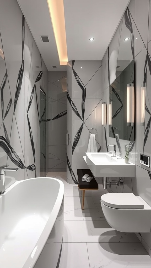 Modern bathroom with illusion wall decor featuring flowing black and white tile designs.