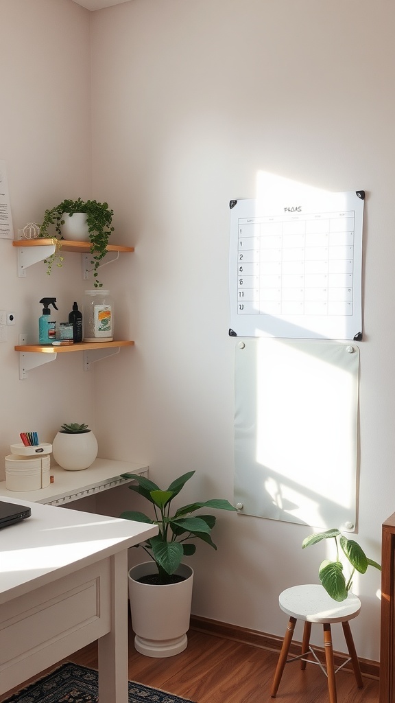A bright and organized home office with a desk, wall calendar, plants, and shelves.