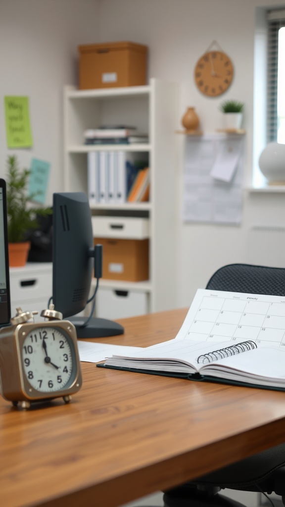 A well-organized home office with a clock, calendar, and tidy desk, emphasizing time management.
