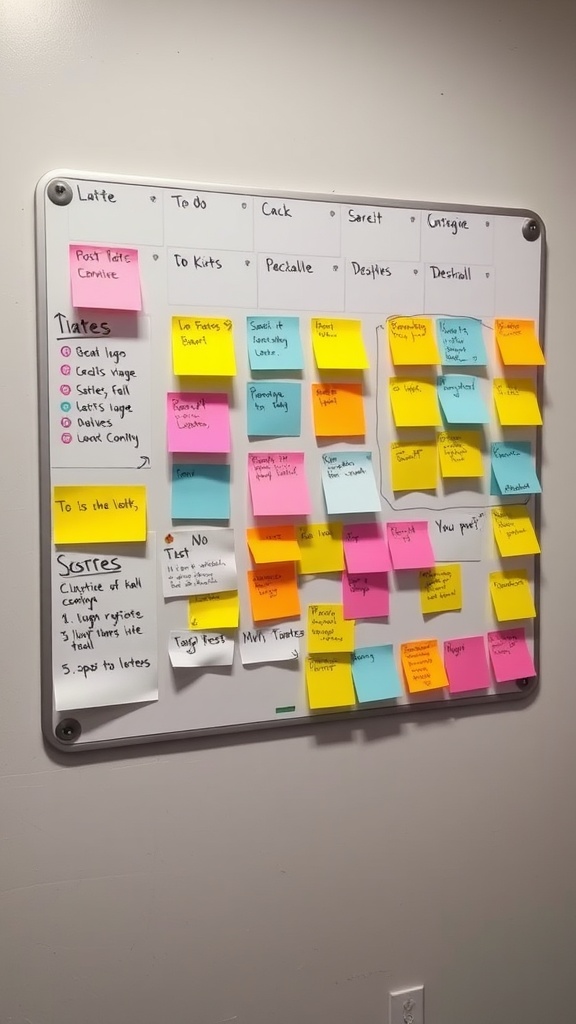 A colorful task board with sticky notes organized by categories for effective home office organization.