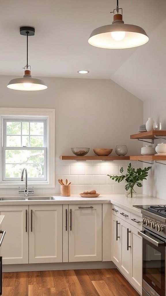 A modern kitchen with pendant lights and under-shelf lighting, featuring a clean design and warm wood flooring.