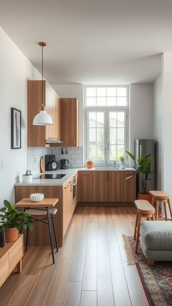 A small, open concept kitchen with wooden cabinets, a window, and plants, creating a warm, inviting space.