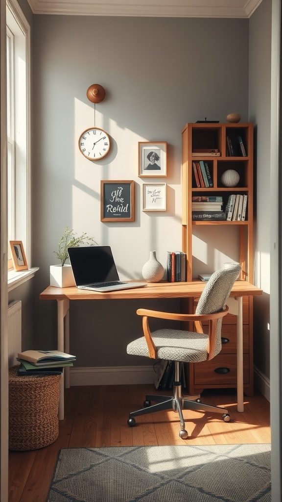 A cozy small home office nook with a wooden desk, laptop, and organized shelves.