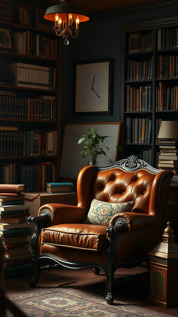 A cozy classic armchair in a dimly lit room surrounded by bookshelves.