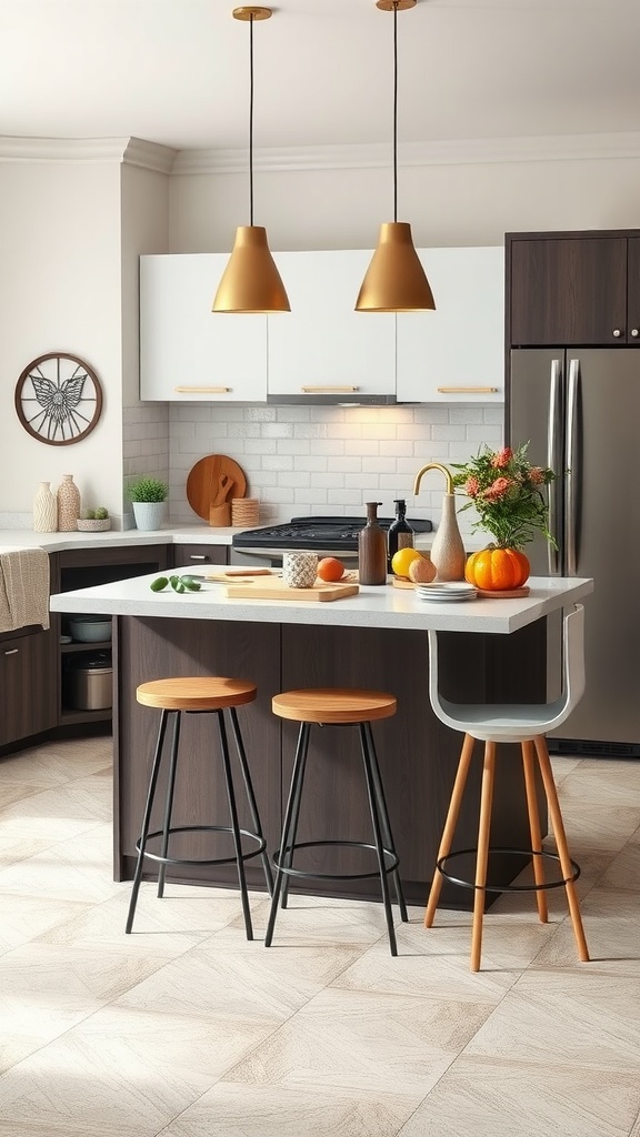 A modern kitchen island with stools, designed for meal preparation.
