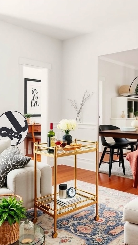 Stylish gold bar cart with wine and glasses in a cozy living room