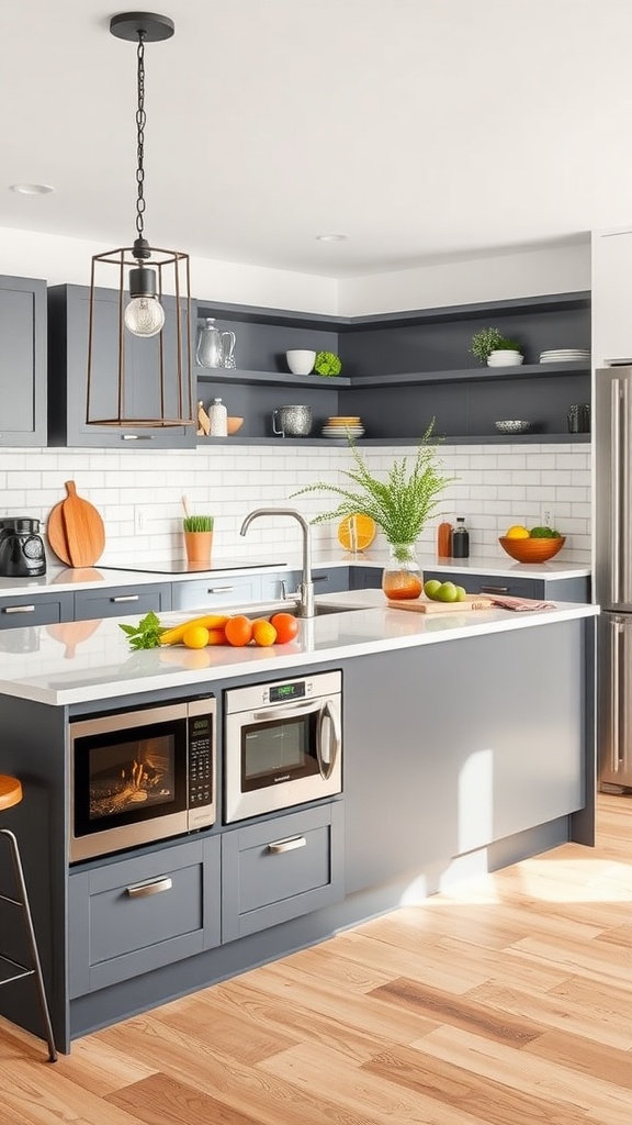 Modern kitchen peninsula design with integrated microwave and stylish cabinetry.